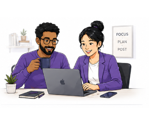Two entrepreneurs creating LinkedIn content with ease